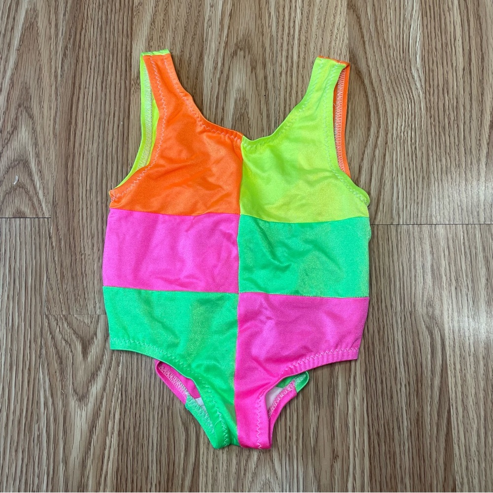 VTG 90s COLE OF CALIFORNIA NEON GREEN PINK ORANGE SWIMSUIT SIZE 3T